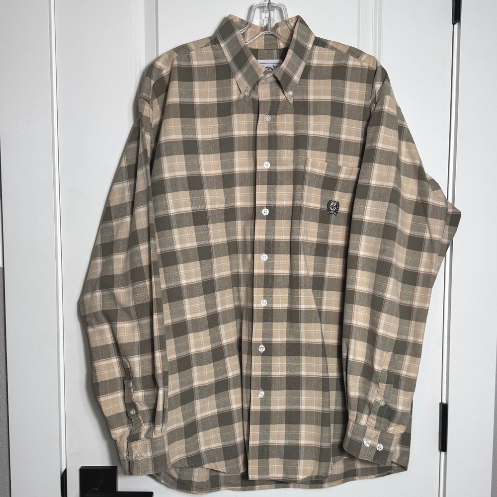 Cinch Mens Plaid‎ Long Sleeve Button Up Shirt Tan Green Size Large